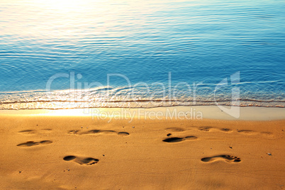 footprints on sand along sea at dawn