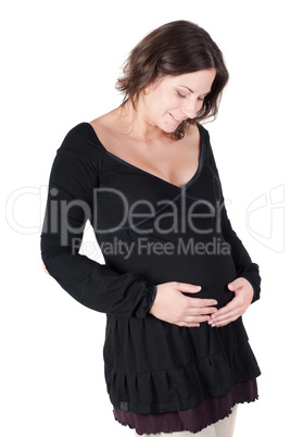 Portrait of pretty pregnant woman in black dress