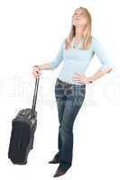 Middle aged woman with wheely bag