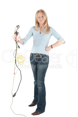 Middle aged woman with cables and plugs