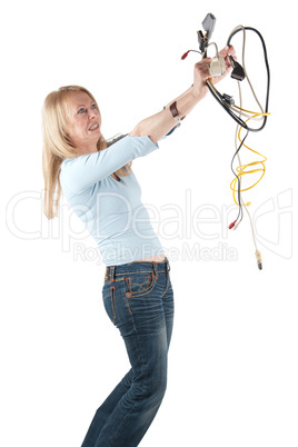 Middle aged woman with cables and plugs