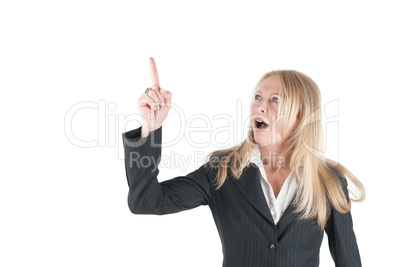 Middle aged Business woman pointing upwards