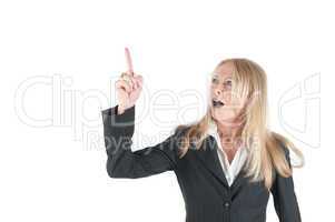 Middle aged Business woman pointing upwards