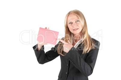 Middle aged business woman with pink slip