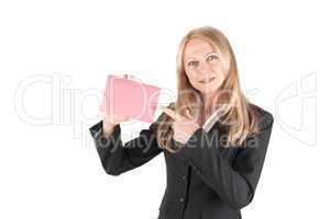 Middle aged business woman with pink slip