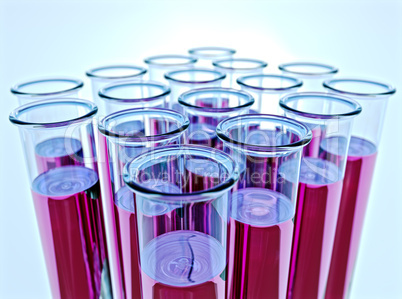 16 Reagenzgläser mit pinker Flüssigkeit - Sixteen test tubes with pink fluid and shallow DOF