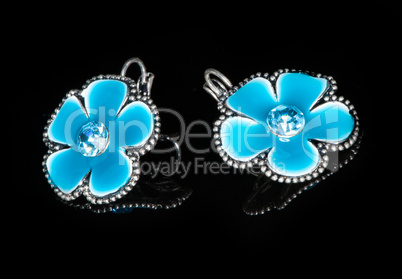 A pair of blue earrings with flowers