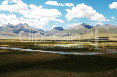 Landscape of mountains and meadows