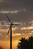 Silhouetted Wind Turbine Over Dramatic Sunset Sky