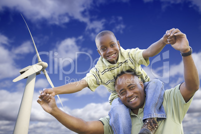 Happy African American Father and Son with Wind Turbine