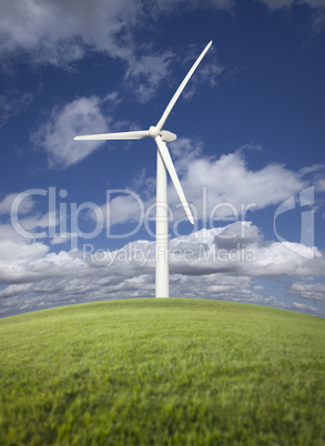 Wind Turbine Over Grass Field, Dramatic Sky and Clouds