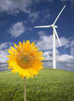 Wind Turbine Against Dramatic Sky with Bright Sunflower