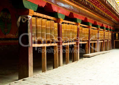 tibetan prayer wheels in songzanlin tibetan monastery, shangri-l