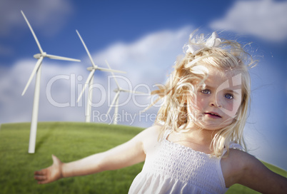 Beautiful Young Girl Playing in Wind Turbine Field