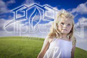 Adorable Blue Eyed Girl Playing Outside with Ghosted Green House
