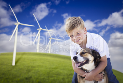Young Boy and Dog in Wind Turbine Field