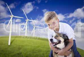 Young Boy and Dog in Wind Turbine Field