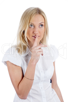 Woman gesturing to silence