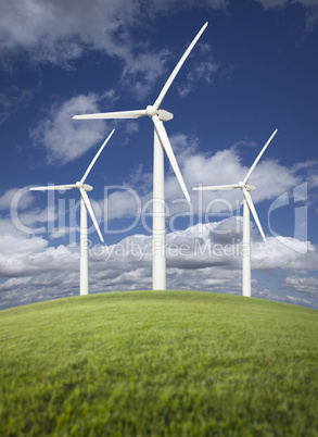 Wind Turbines Over Grass Field, Dramatic Sky and Clouds