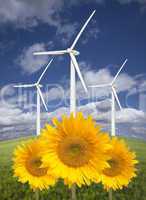 Wind Turbines Against Dramatic Sky with Bright Sunflowers