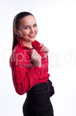 Casual woman in red suit smile