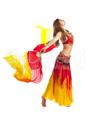 Beauty girl dance with fantail in oriental costume