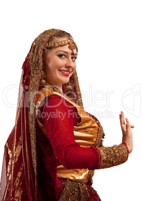 Beauty girl in oriental costume with hand sign