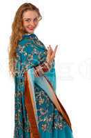 Beauty girl posing in blue oriental indian costume