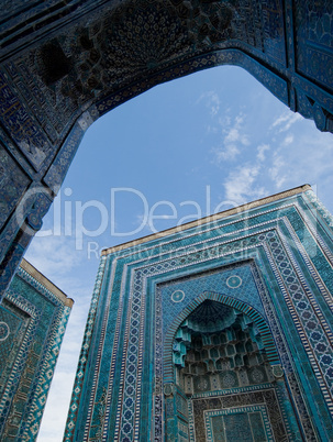 Blue tiled facades of Shahi-Zinda Necropolis, Samarkand, Uzbekis