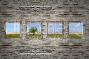 Holzwand mit Fenster und Blick auf Landschaft