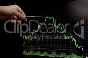 falling forex stock chart with pen pointing on peak