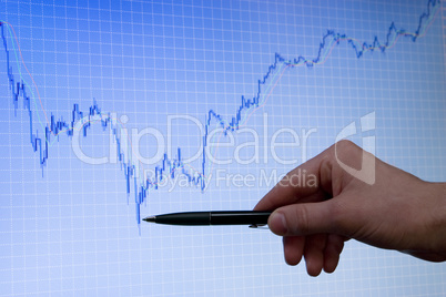blue growing forex chart on display and hand with pen