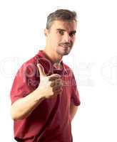 young man thumb up and smiling isolated on white