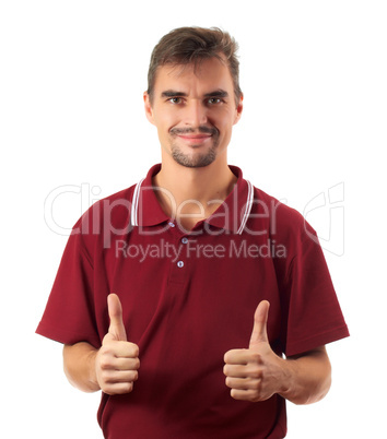 young man thumb up and smiling isolated on white