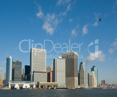 panorama of manhattan with flying helicopter, new york, usa