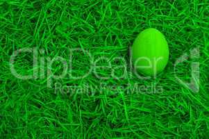 Green painted easter egg in a green nest