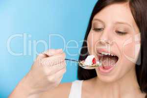 Healthy lifestyle - woman eat cereal yogurt