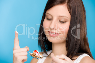 Healthy lifestyle - woman eat cereal yogurt