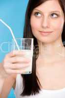 Healthy lifestyle - woman drink milk breakfast