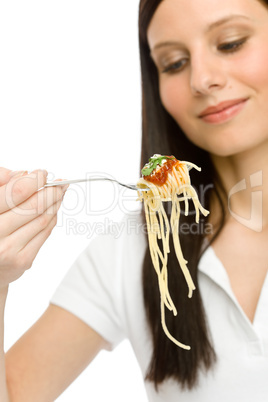 Italian food - healthy woman eat spaghetti sauce