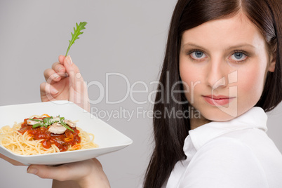 Italian food - portrait healthy woman spaghetti