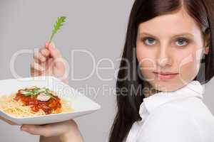 Italian food - portrait healthy woman spaghetti