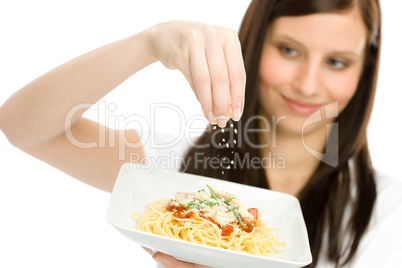 Italian food - woman spaghetti grated cheese sauce