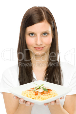 Italian food - portrait woman spaghetti sauce