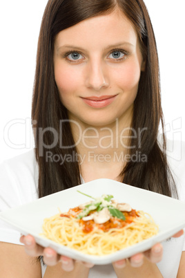 Italian food - portrait woman spaghetti sauce