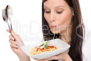 Italian food - portrait woman eat spaghetti sauce