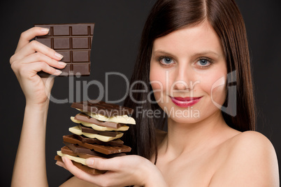 Chocolate - portrait healthy woman enjoy sweets