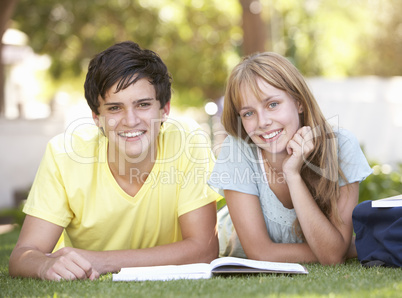 Teenage Student Couple Studying In Park