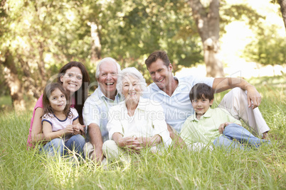 Familie sitzt im Gras