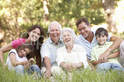 Familie sitzt im Gras